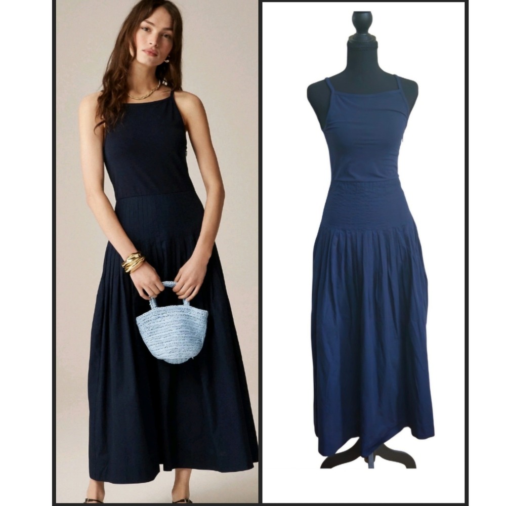 New! J.Crew Dropwaist Maxi Dress XS Blue Smocked Pleated Old Money Quiet Luxury